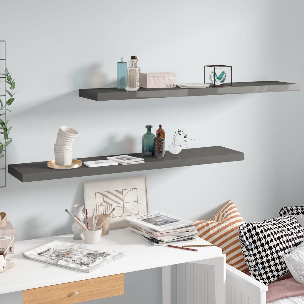 Floating Wall Shelves 2 pcs High Gloss Grey 120x23.5x3.8 cm MDF- Wall Shelves & Ledges - HomeShopIreland - Home Shop Ireland - Wall Shelves & Ledges - Floating Wall Shelves 2 pcs High Gloss Grey 120x23.5x3.8 cm MDF