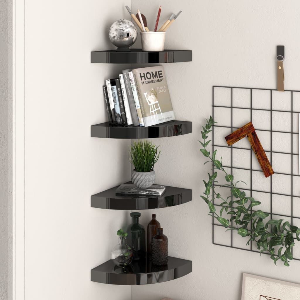 Floating Corner Shelves 4 pcs High Gloss Black 25x25x3.8 cm MDF- Wall Shelves & Ledges - HomeShopIreland - Home Shop Ireland - Wall Shelves & Ledges - Floating Corner Shelves 4 pcs High Gloss Black 25x25x3.8 cm MDF