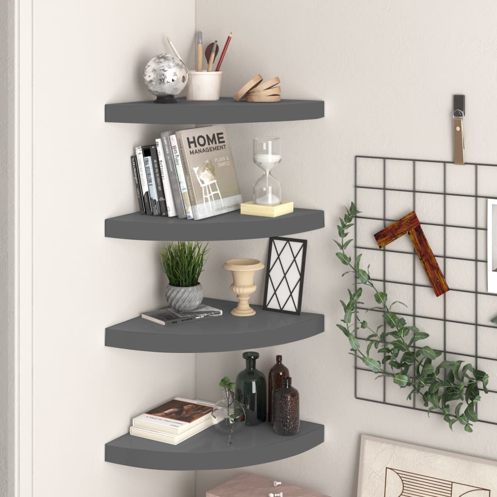 Floating Corner Shelves 4 pcs High Gloss Grey 35x35x3.8 cm MDF- Wall Shelves & Ledges - HomeShopIreland - Home Shop Ireland - Wall Shelves & Ledges - Floating Corner Shelves 4 pcs High Gloss Grey 35x35x3.8 cm MDF