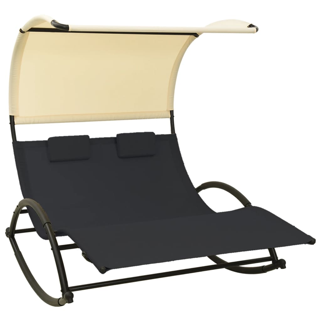 Double Sun Lounger with Canopy Textilene Black and Cream- Sunloungers - HomeShopIreland - Home Shop Ireland - Sunloungers - Double Sun Lounger with Canopy Textilene Black and Cream