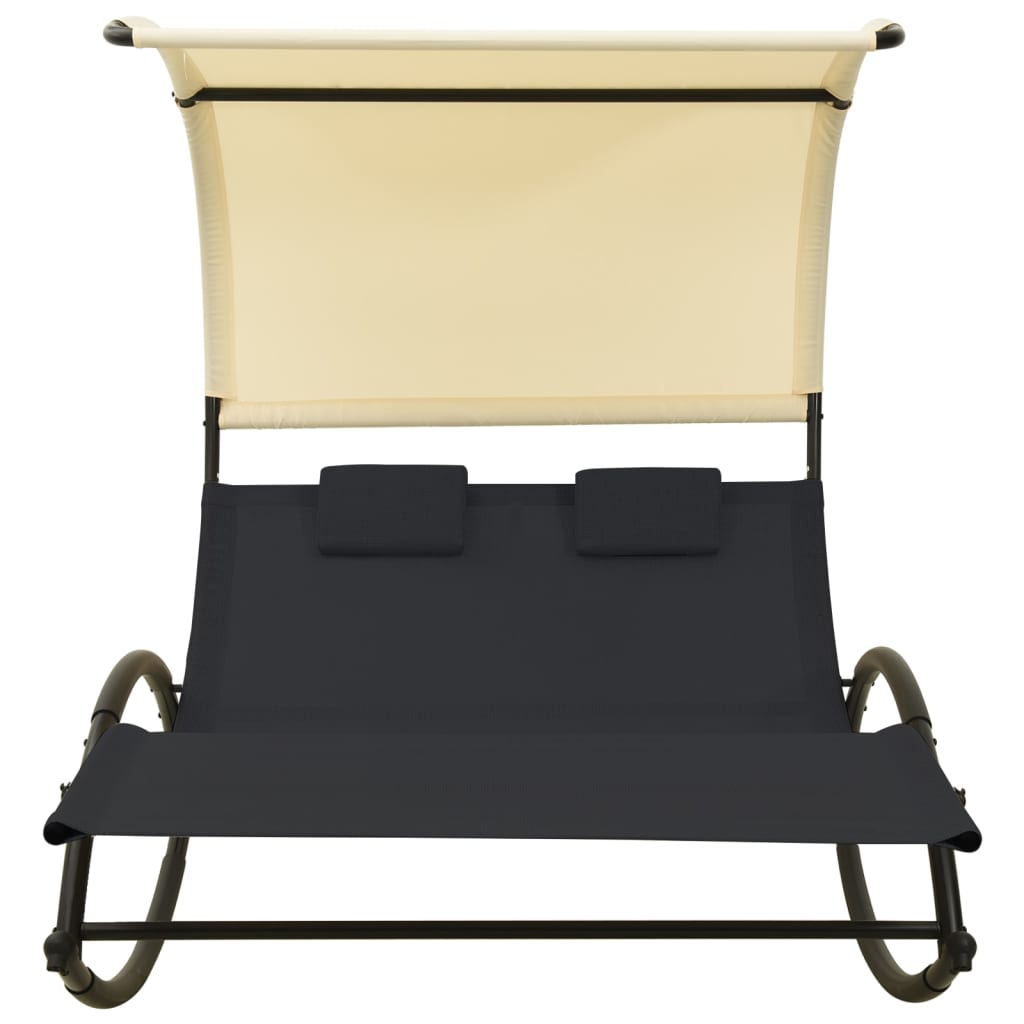 Double Sun Lounger with Canopy Textilene Black and Cream- Sunloungers - HomeShopIreland - Home Shop Ireland - Sunloungers - Double Sun Lounger with Canopy Textilene Black and Cream