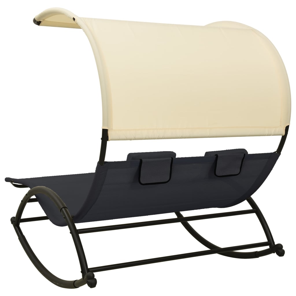 Double Sun Lounger with Canopy Textilene Black and Cream- Sunloungers - HomeShopIreland - Home Shop Ireland - Sunloungers - Double Sun Lounger with Canopy Textilene Black and Cream