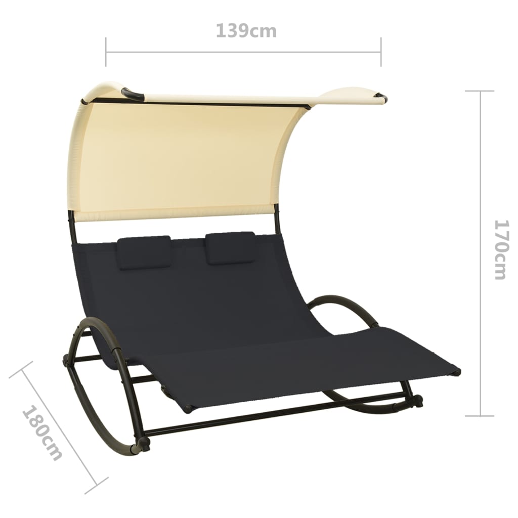 Double Sun Lounger with Canopy Textilene Black and Cream- Sunloungers - HomeShopIreland - Home Shop Ireland - Sunloungers - Double Sun Lounger with Canopy Textilene Black and Cream