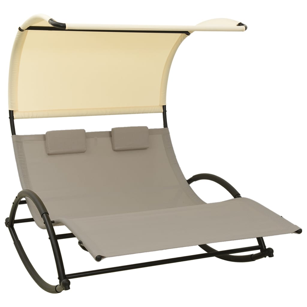 Double Sun Lounger with Canopy Textilene Taupe and Cream- Sunloungers - HomeShopIreland - Home Shop Ireland - Sunloungers - Double Sun Lounger with Canopy Textilene Taupe and Cream