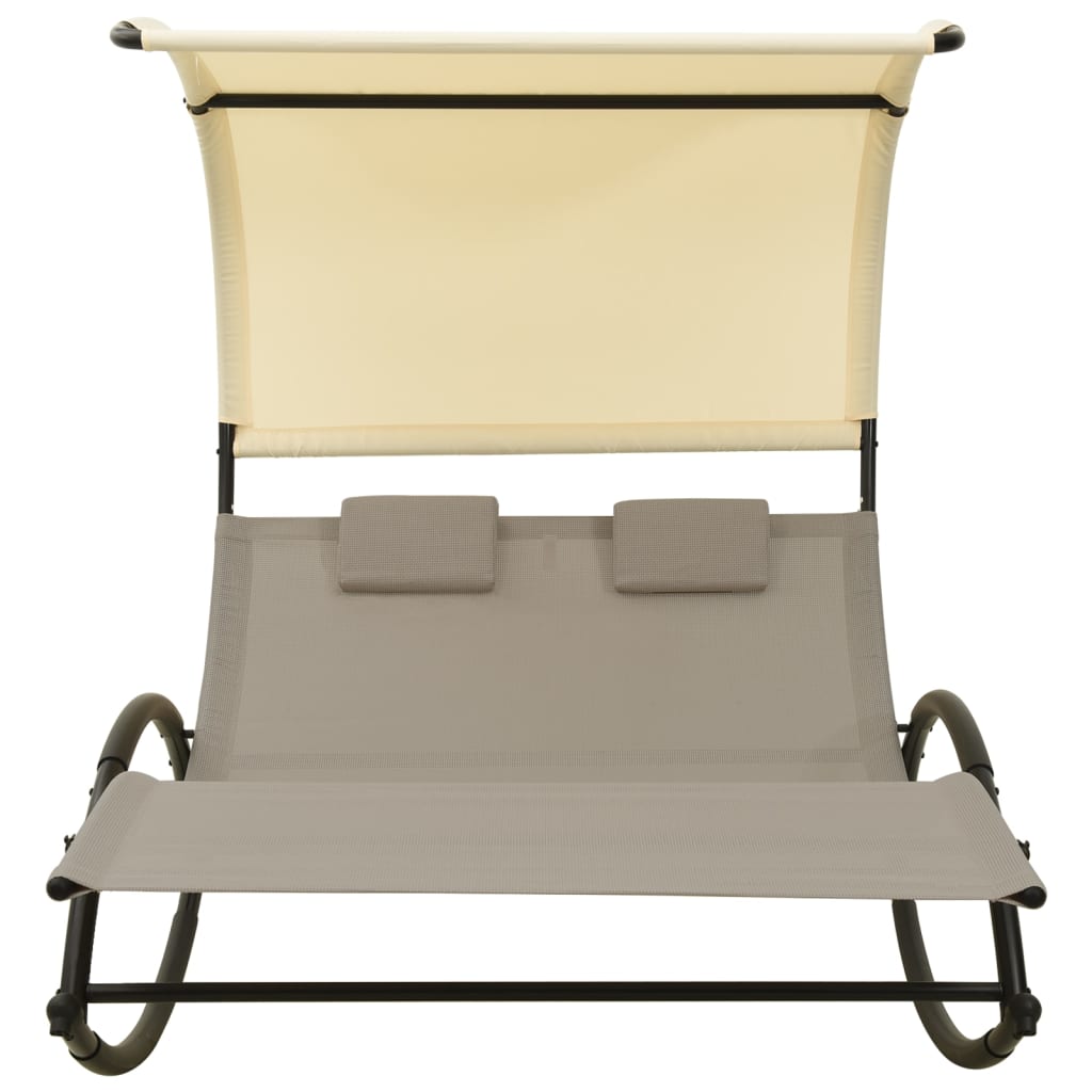 Double Sun Lounger with Canopy Textilene Taupe and Cream- Sunloungers - HomeShopIreland - Home Shop Ireland - Sunloungers - Double Sun Lounger with Canopy Textilene Taupe and Cream