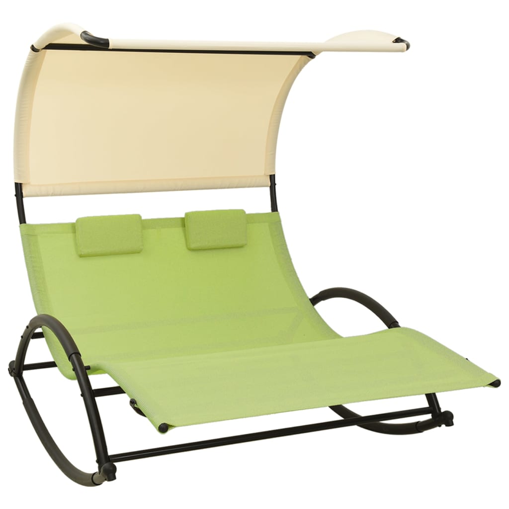 Double Sun Lounger with Canopy Textilene Green and Cream- Sunloungers - HomeShopIreland - Home Shop Ireland - Sunloungers - Double Sun Lounger with Canopy Textilene Green and Cream
