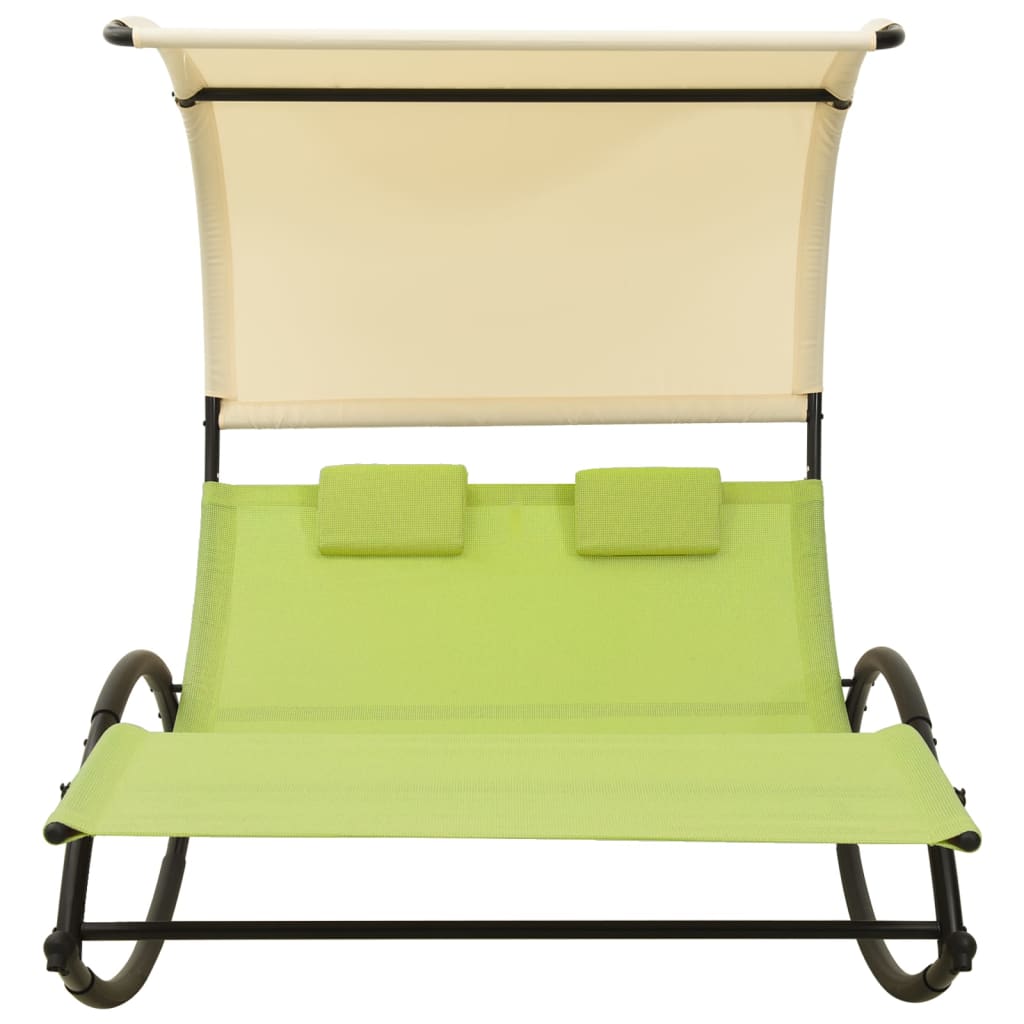 Double Sun Lounger with Canopy Textilene Green and Cream- Sunloungers - HomeShopIreland - Home Shop Ireland - Sunloungers - Double Sun Lounger with Canopy Textilene Green and Cream