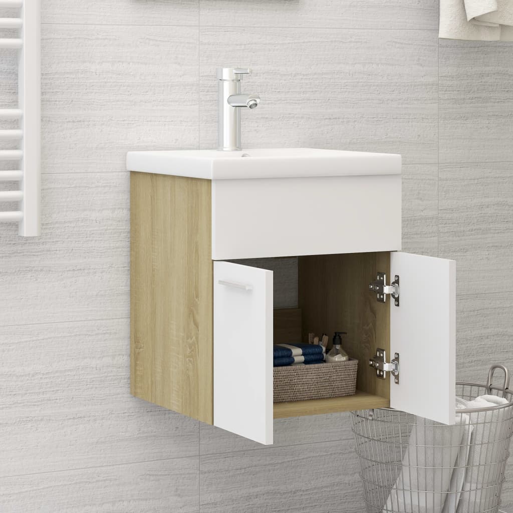 Sink Cabinet White and Sonoma Oak 41x38.5x46 cm Chipboard- Bathroom Furniture Sets - HomeShopIreland - Home Shop Ireland - Bathroom Furniture Sets - Sink Cabinet White and Sonoma Oak 41x38.5x46 cm Chipboard
