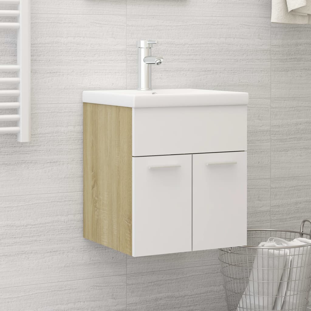 Sink Cabinet White and Sonoma Oak 41x38.5x46 cm Chipboard- Bathroom Furniture Sets - HomeShopIreland - Home Shop Ireland - Bathroom Furniture Sets - Sink Cabinet White and Sonoma Oak 41x38.5x46 cm Chipboard