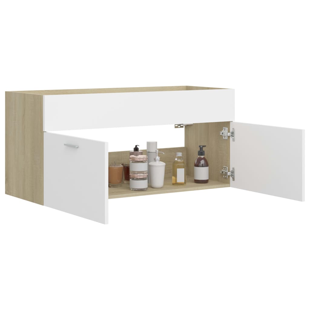 Sink Cabinet White and Sonoma Oak 100x38.5x46 cm Chipboard- Bathroom Furniture Sets - HomeShopIreland - Home Shop Ireland - Bathroom Furniture Sets - Sink Cabinet White and Sonoma Oak 100x38.5x46 cm Chipboard